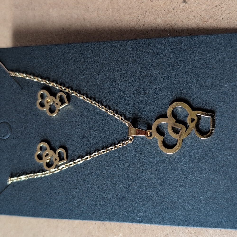 Chic Gold Stainless Steel Heart Necklace and Earrings Set